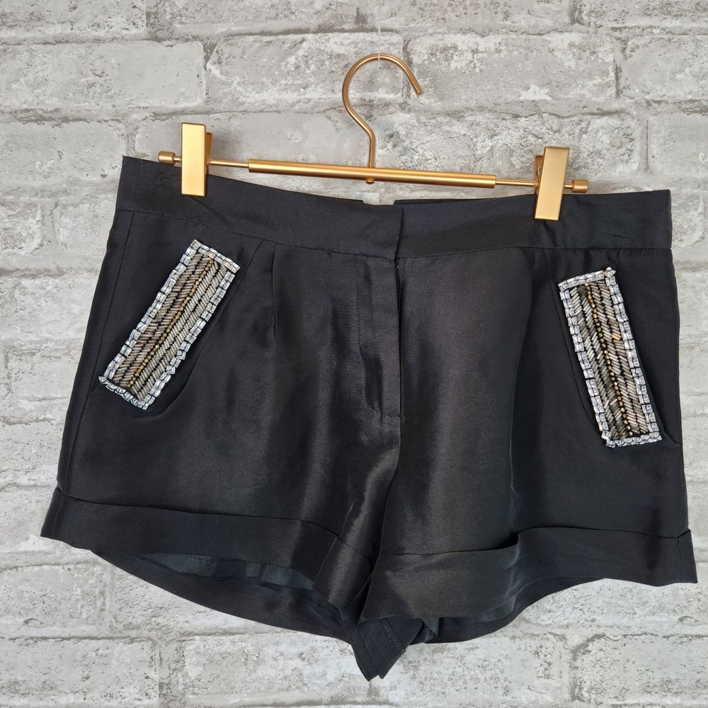 Mark + James Badgely Mischka Shorts Black Silk Beaded Embellished Evening 4